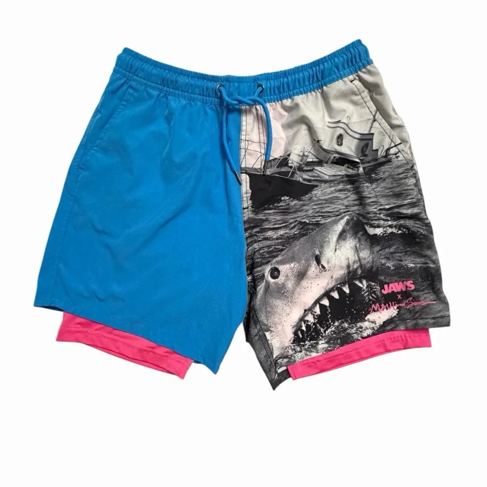 Maui & Sons Jaws Compression Lined Swim Trunks Mens Large Shark Board Shorts 80s